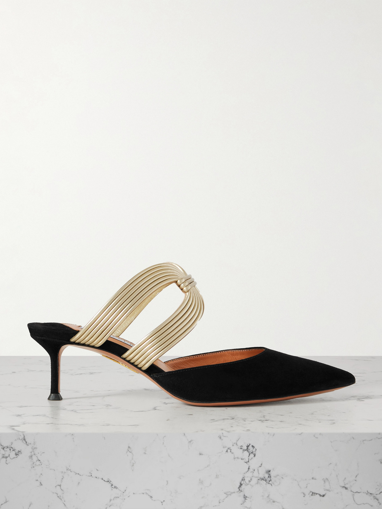 Aquazzura Escenia 50 Two-tone Metallic And Suede Mules In Black