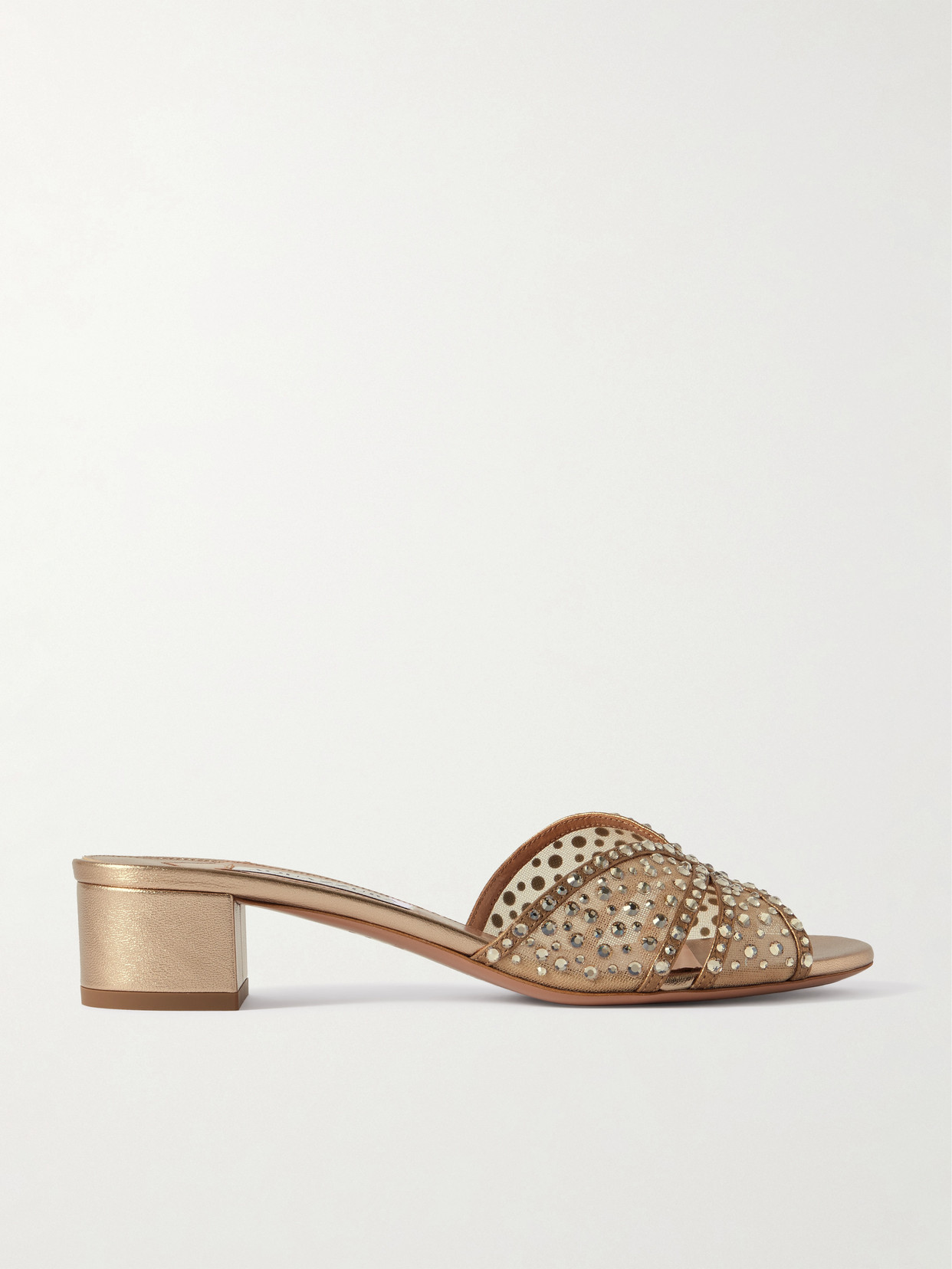 Shop Aquazzura Crystal Lover 35 Embellished Mesh And Leather Mules In Gold