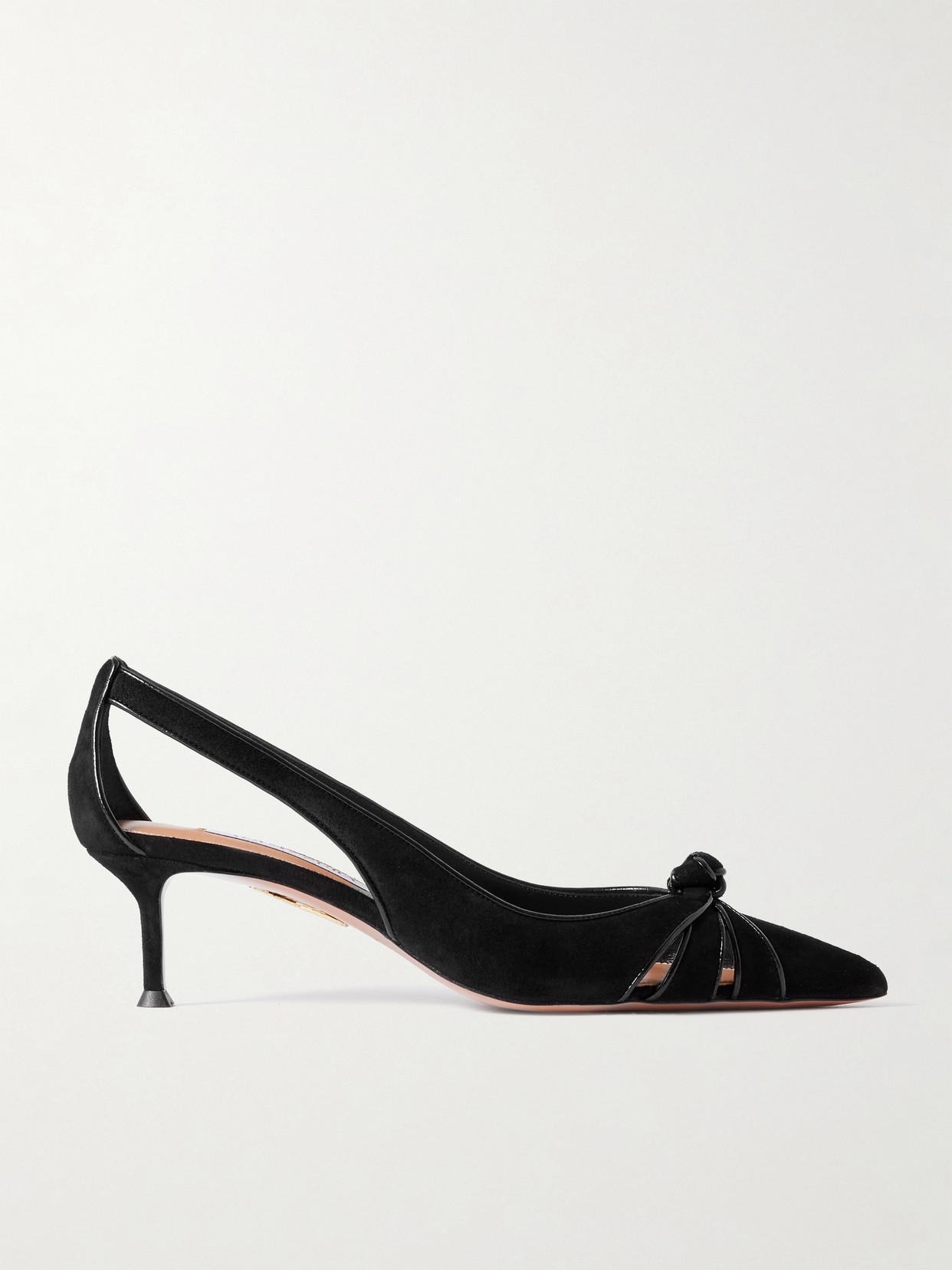 Aquazzura Premiere 50 Cutout Knotted Suede And Patent-leather Pumps In Black
