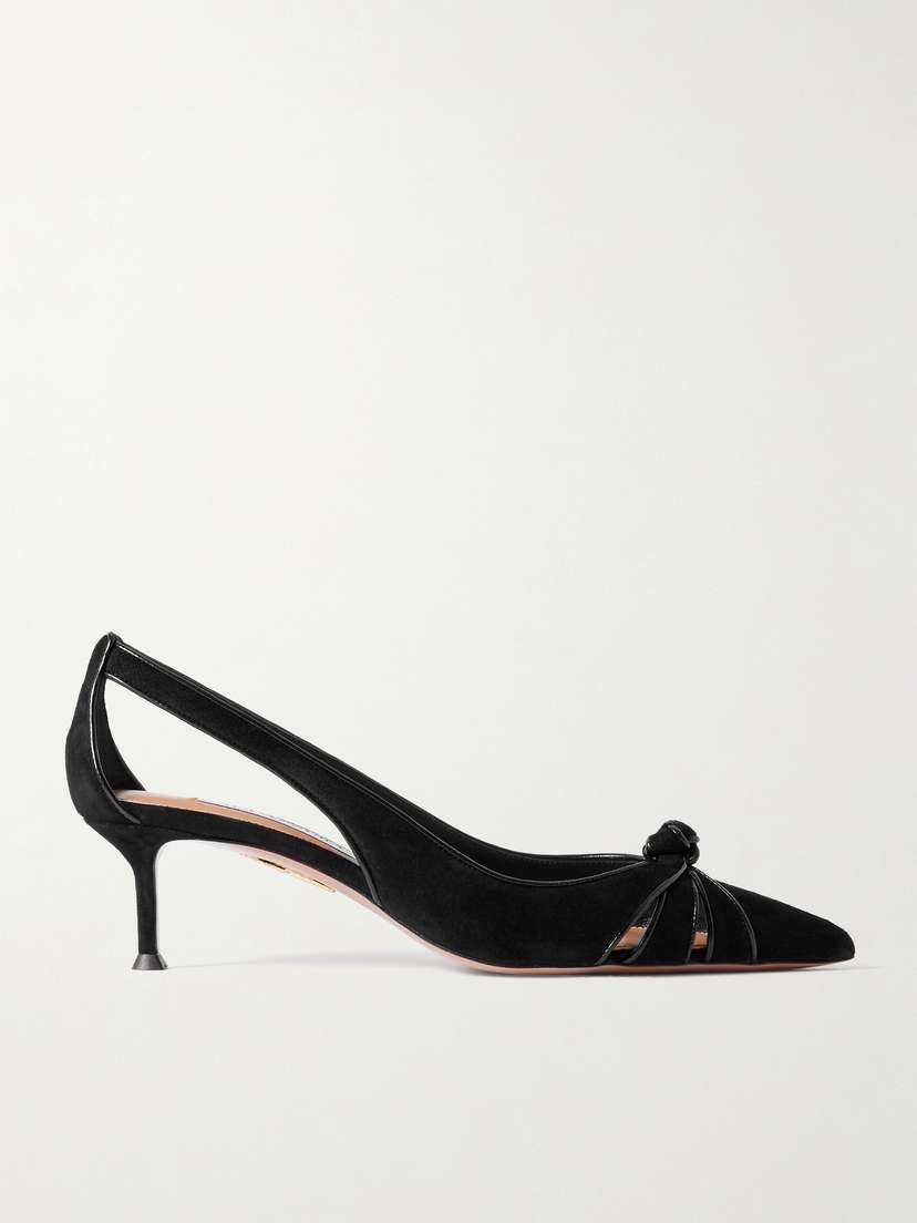 Aquazzura Premiere 50 Cutout Knotted Suede And Patent-leather Pumps
