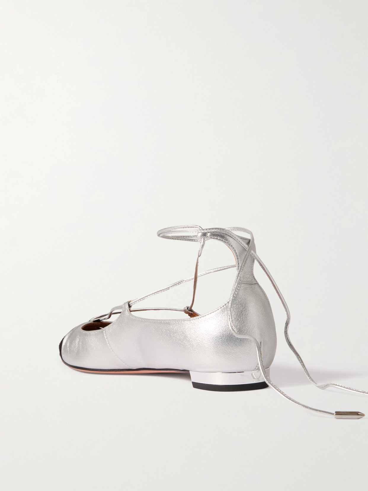 Aquazzura Gabi Lace-up Metallic Leather Point-toe Flats In Silver