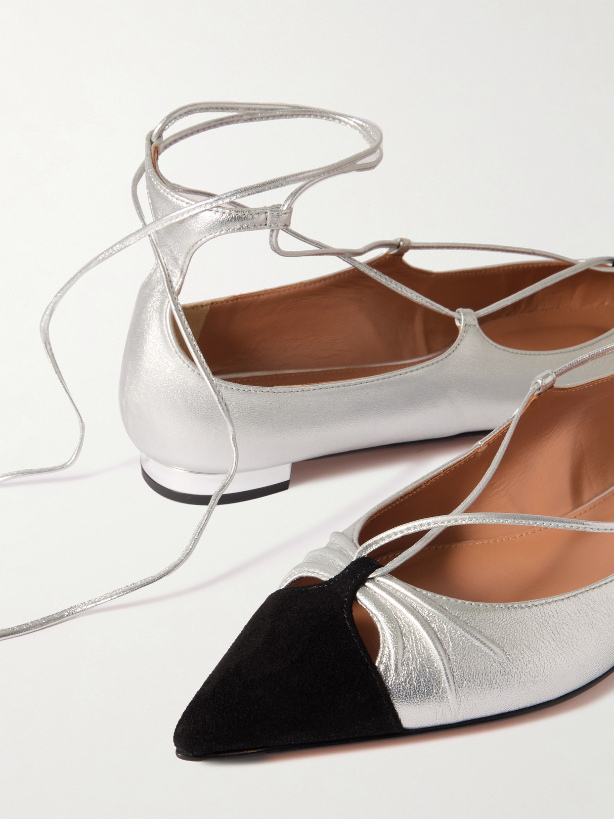 Aquazzura Gabi Lace-up Metallic Leather Point-toe Flats In Silver