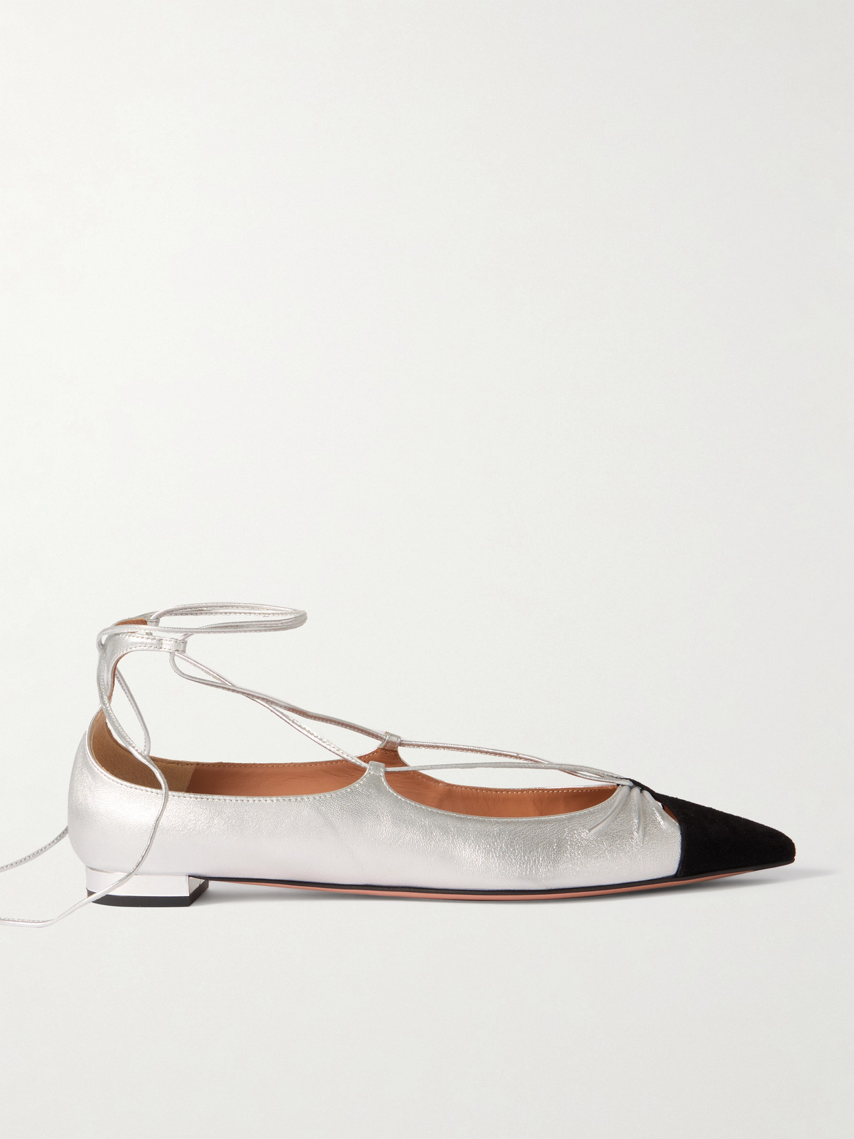 Aquazzura Gabi Lace-up Metallic Leather Point-toe Flats In Silver