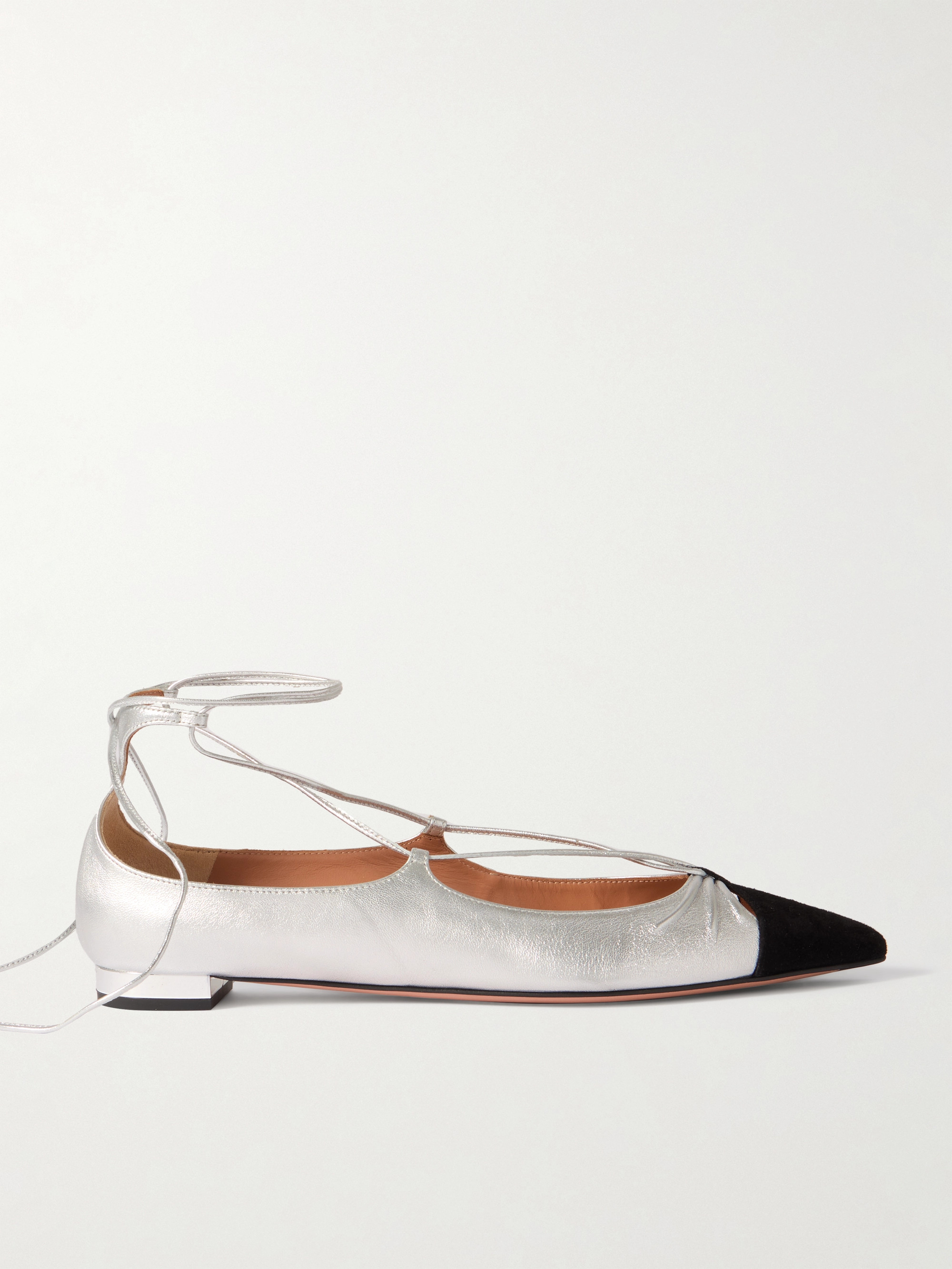AQUAZZURA Gabi lace-up metallic leather point-toe flats