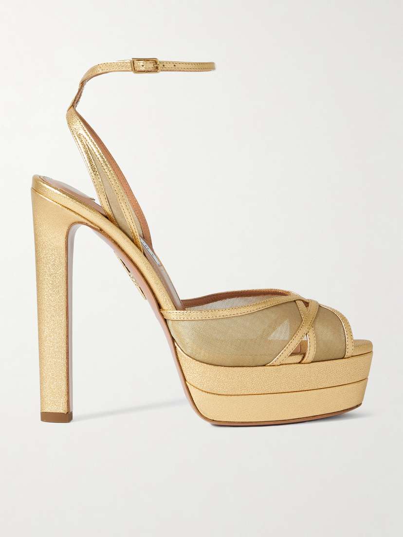 Aquazzura Shear Plateau 130 Metallic Leather-trimmed Mesh Platform Sandals