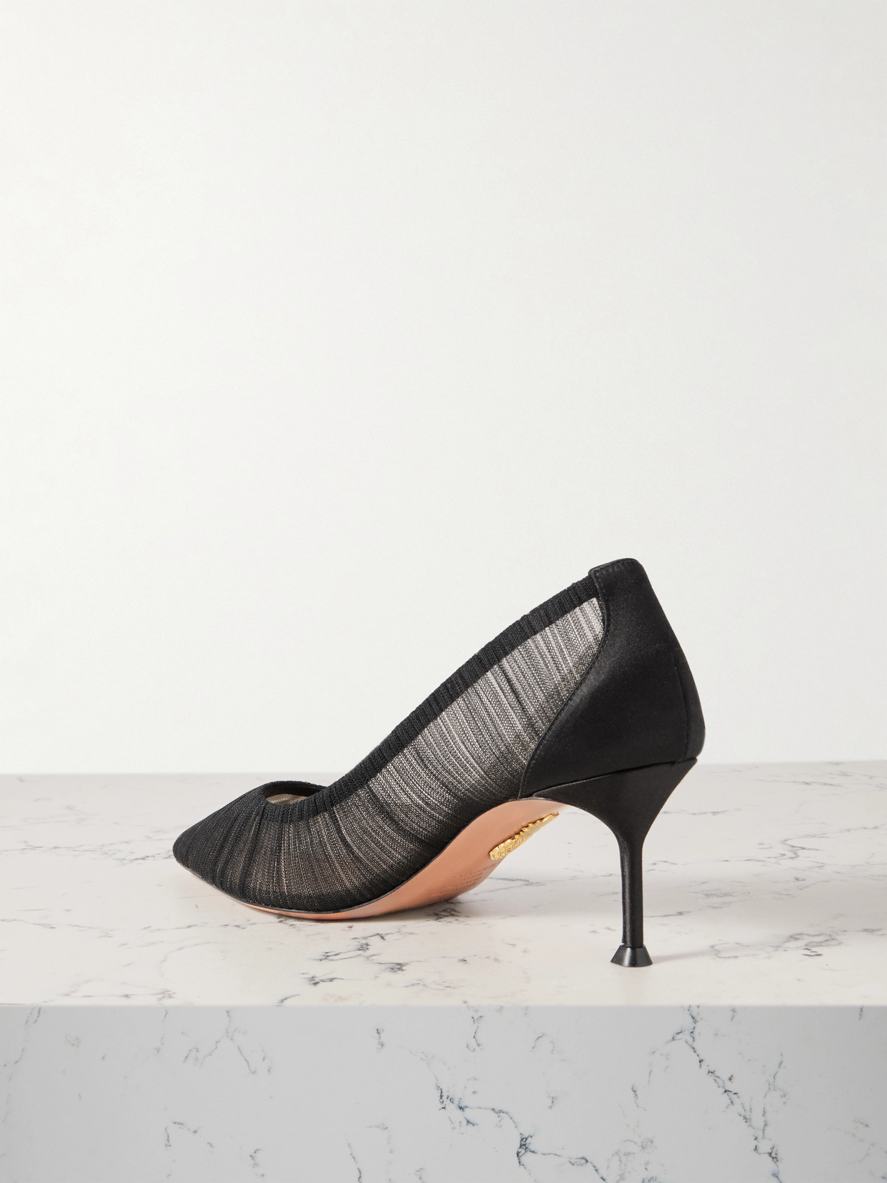 Aquazzura 65 Satin-trimmed Ruched Tulle Point-toe Pumps In Black