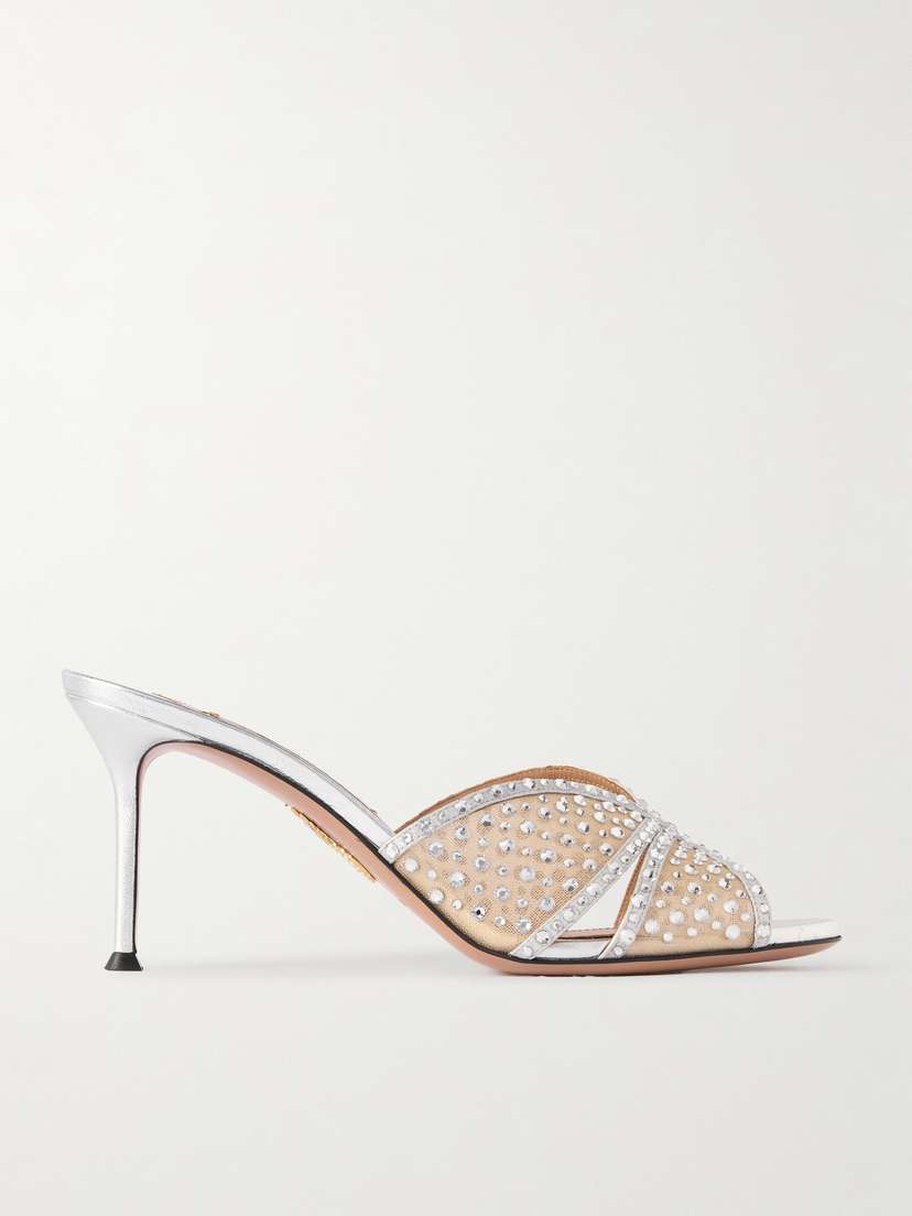 Aquazzura Crystal Lover 75 Crystal-embellished Leather-trimmed Tulle Sandals