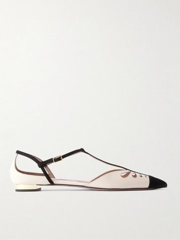 AQUAZZURA Camille suede-trimmed cutout leather point-toe flats