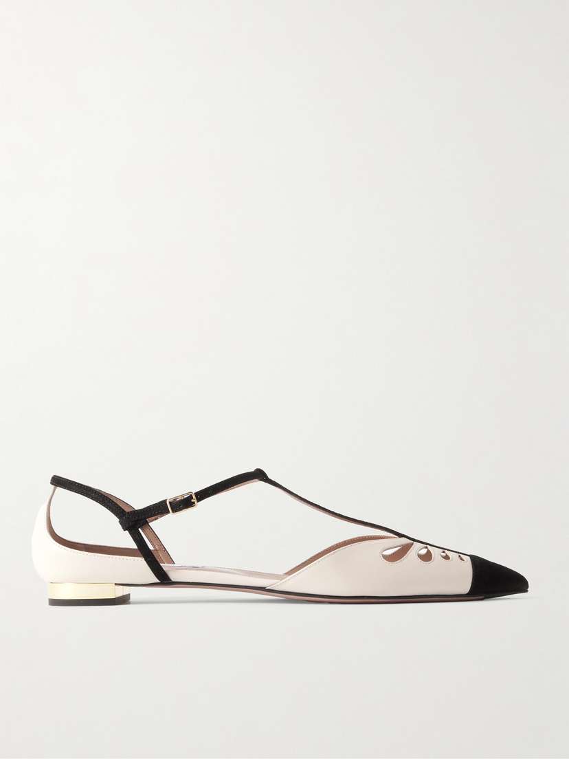 Aquazzura Camille Suede-trimmed Cutout Leather Point-toe Flats