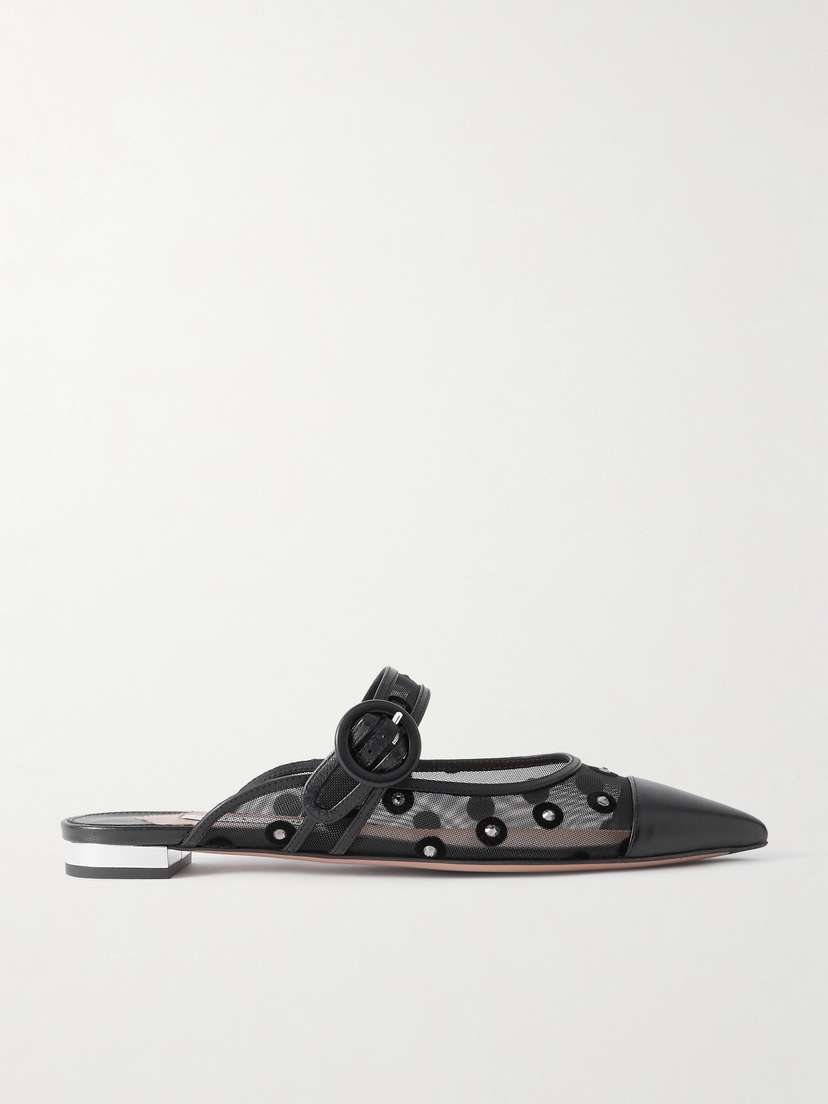 Aquazzura Darling Daisy Crystal-embellished Flocked Polka-dot Leather-trimmed Mesh Mules