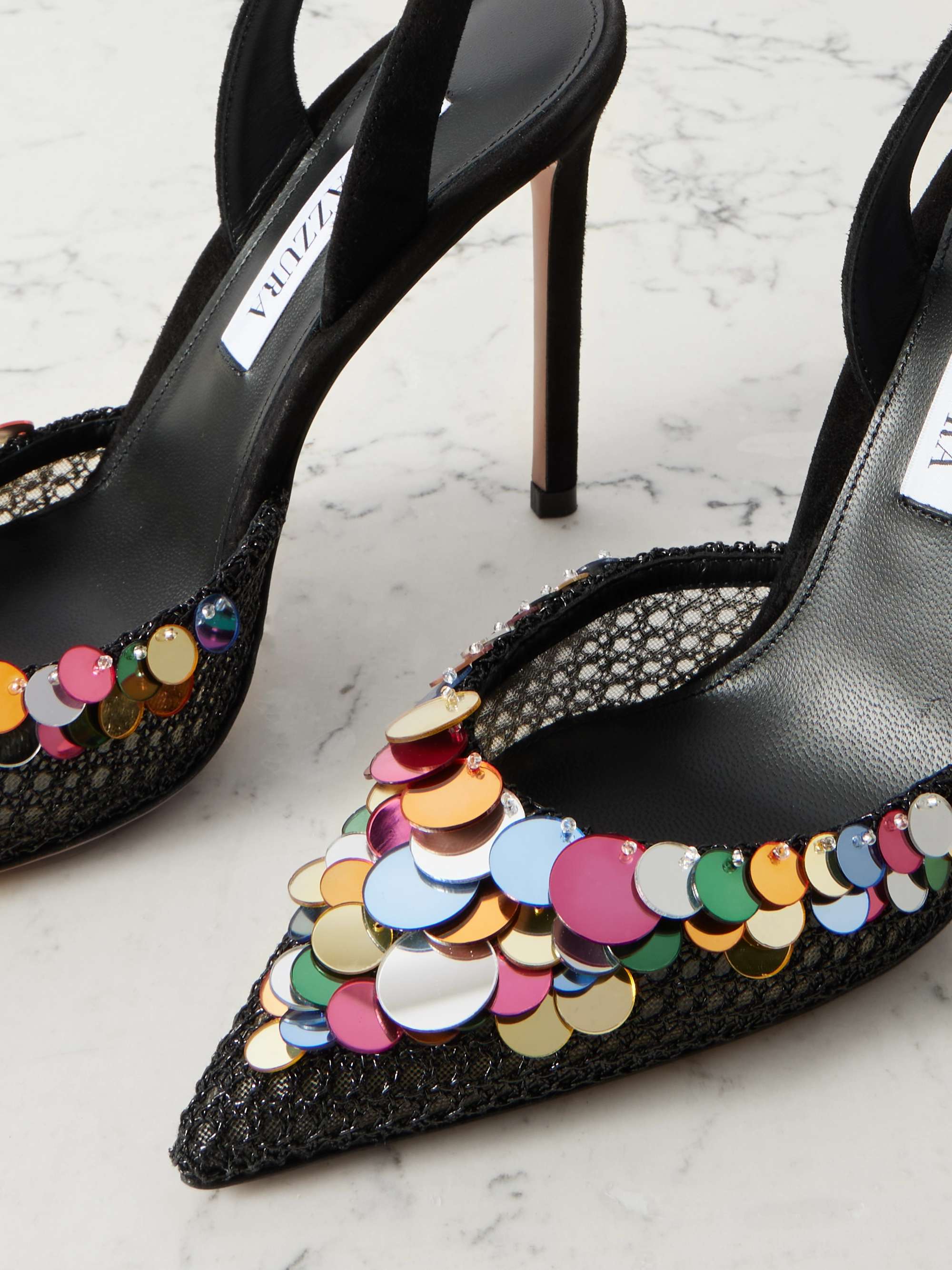 AQUAZZURA Can Can 105 sequined mesh and suede slingback