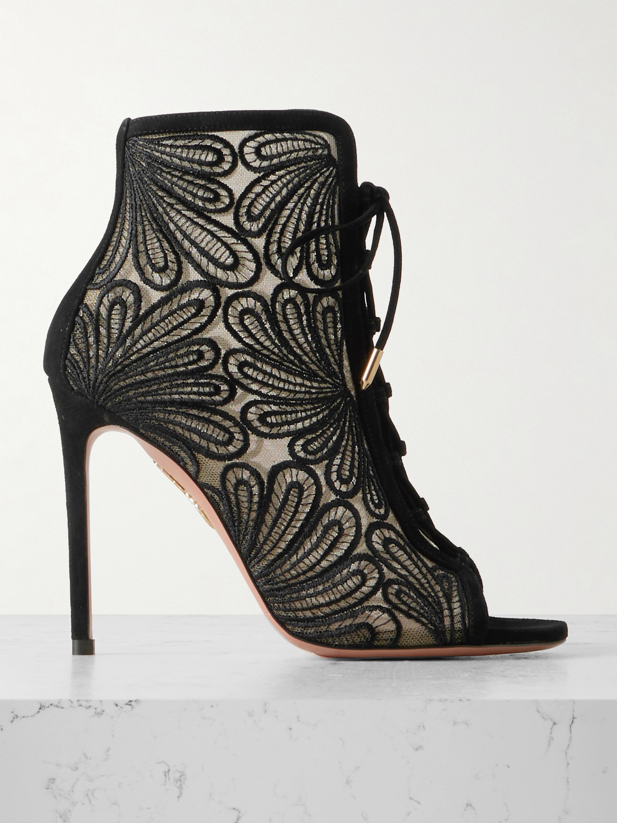 Aquazzura 105 Suede-trimmed Chantilly Lace Ankle Boots In Black
