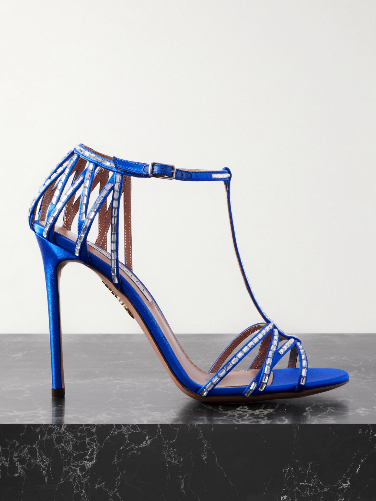 Aquazzura Forever More 110 Crystal-embellished Satin Sandals In Blue