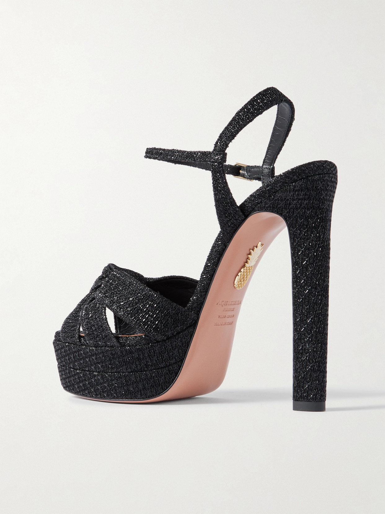 Aquazzura Nina Plateau 130 Knotted Metallic Woven Platform Sandals In Black