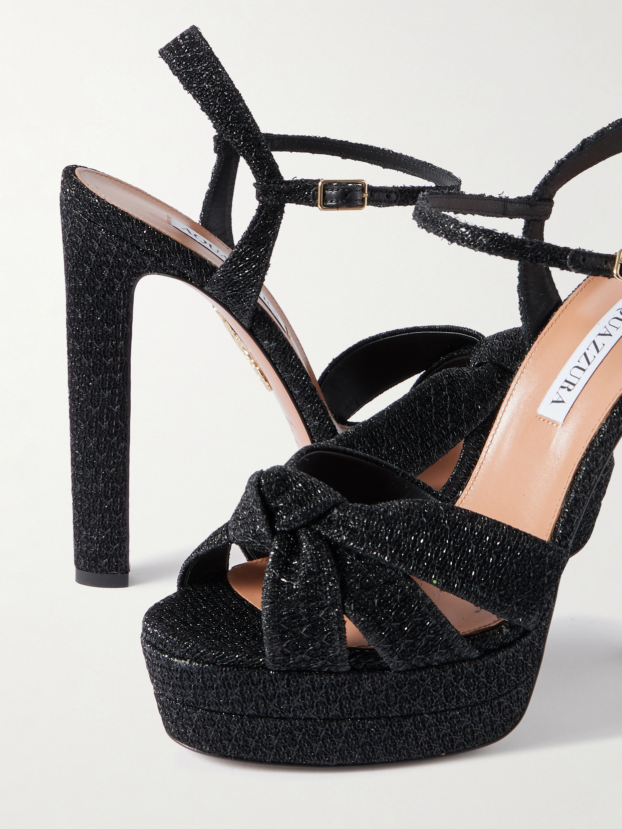 Aquazzura Nina Plateau 130 Knotted Metallic Woven Platform Sandals In Black