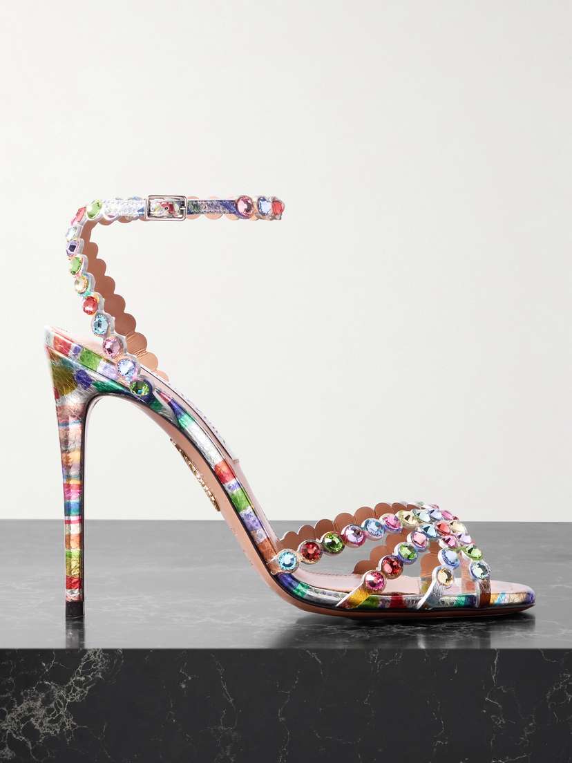Aquazzura Tequila 105 Crystal-embellished Printed Metallic Leather Sandals