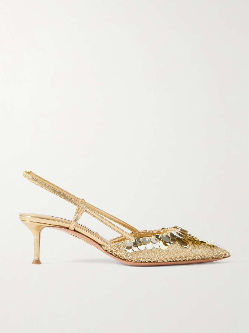 Aquazzura Can Can 50 Embellished Tulle And Metallic Woven Leather Slingback Pumps