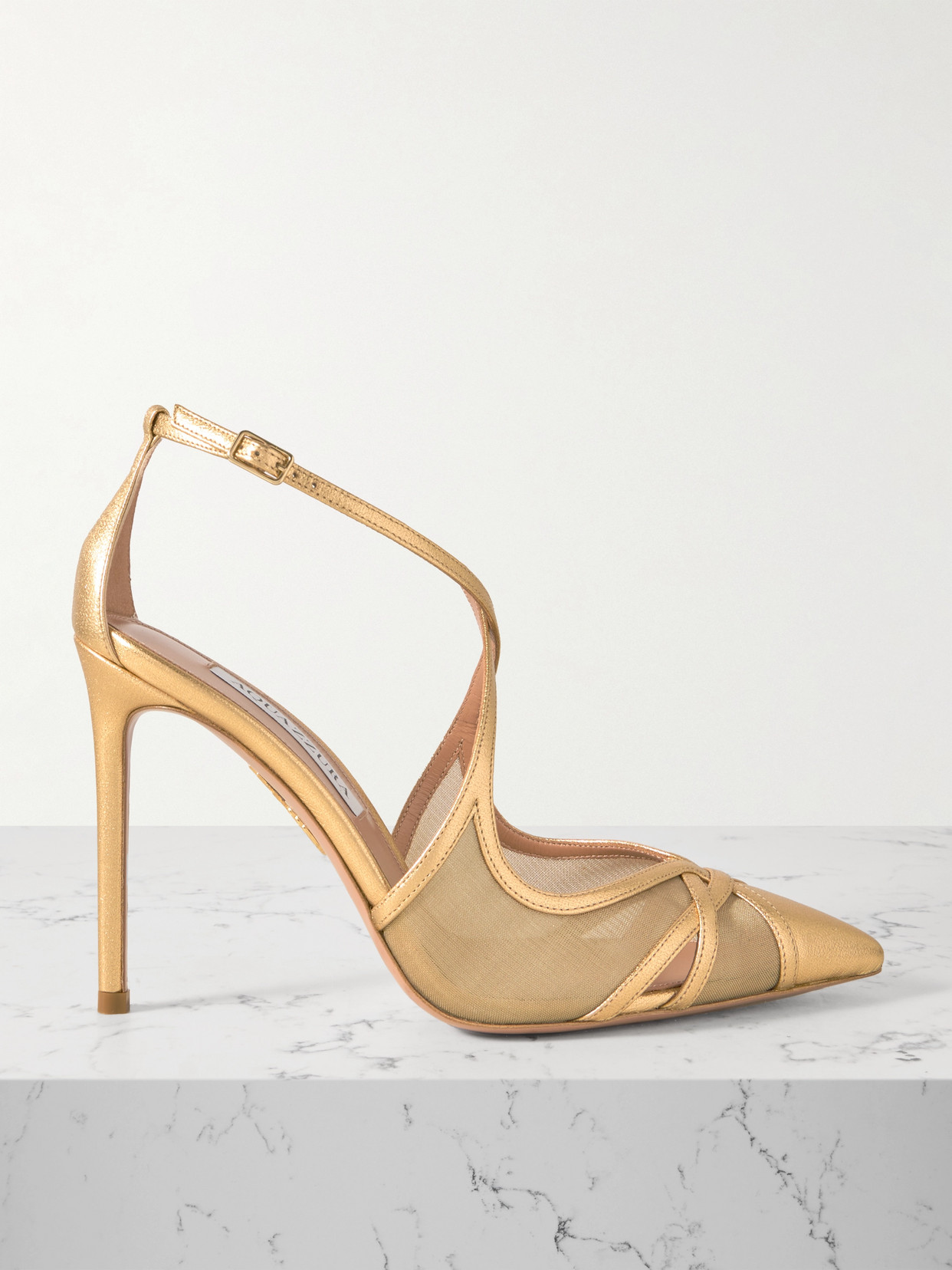 Aquazzura Shear 105mm Metallic Leather-trimmed Mesh Pumps In Gold