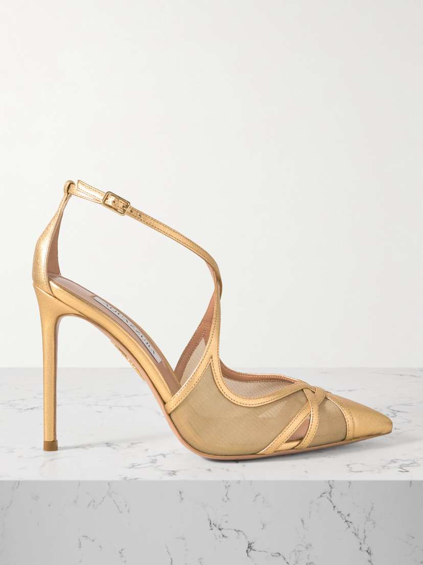 Aquazzura Shear 105mm Metallic Leather-trimmed Mesh Pumps