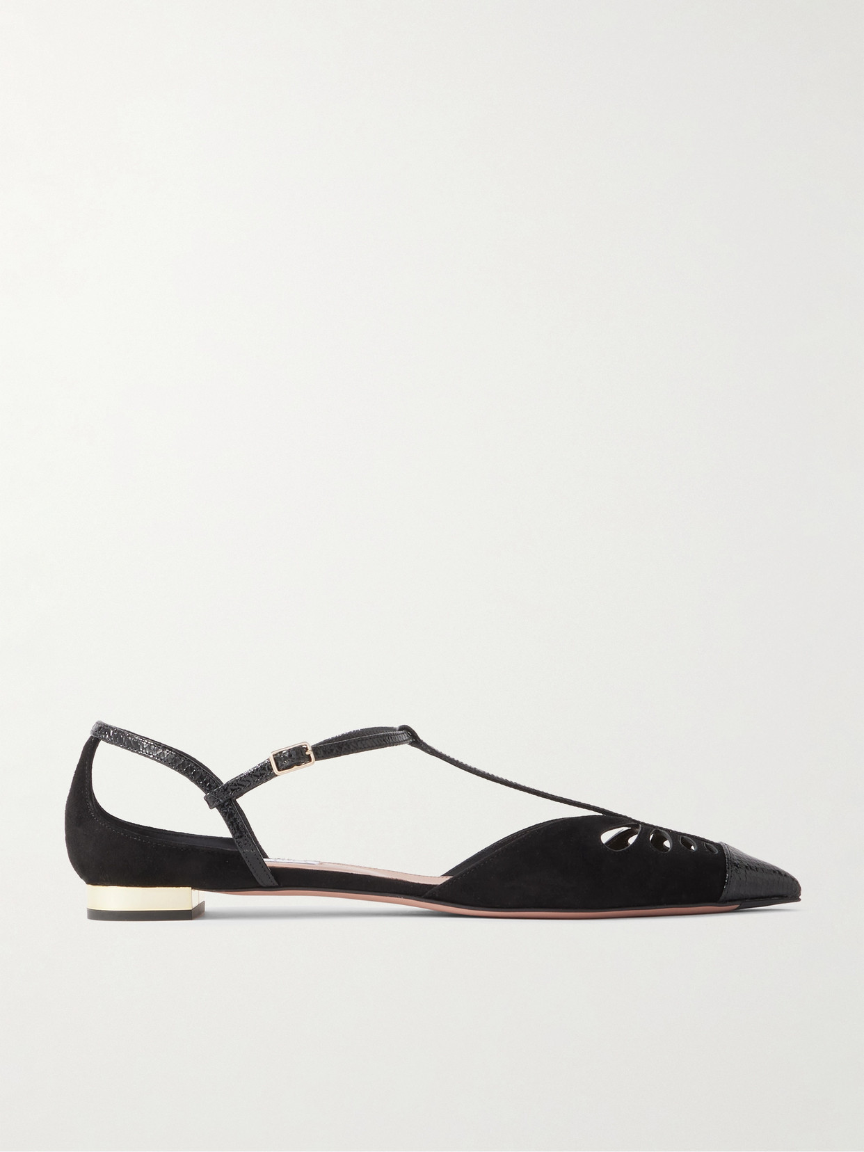Aquazzura Camille Patent Snake-effect Leather-trimmed Cutout Suede Point-toe Flats In Black