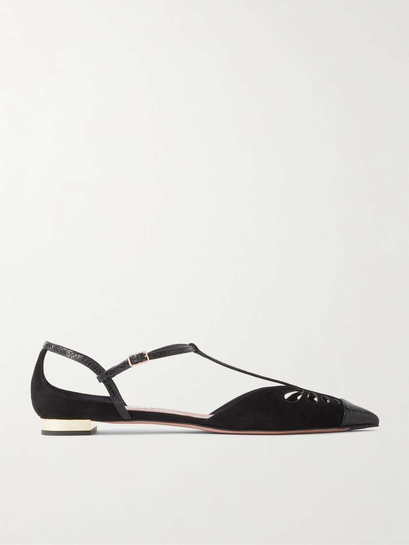 Aquazzura Camille Patent Snake-effect Leather-trimmed Cutout Suede Point-toe Flats