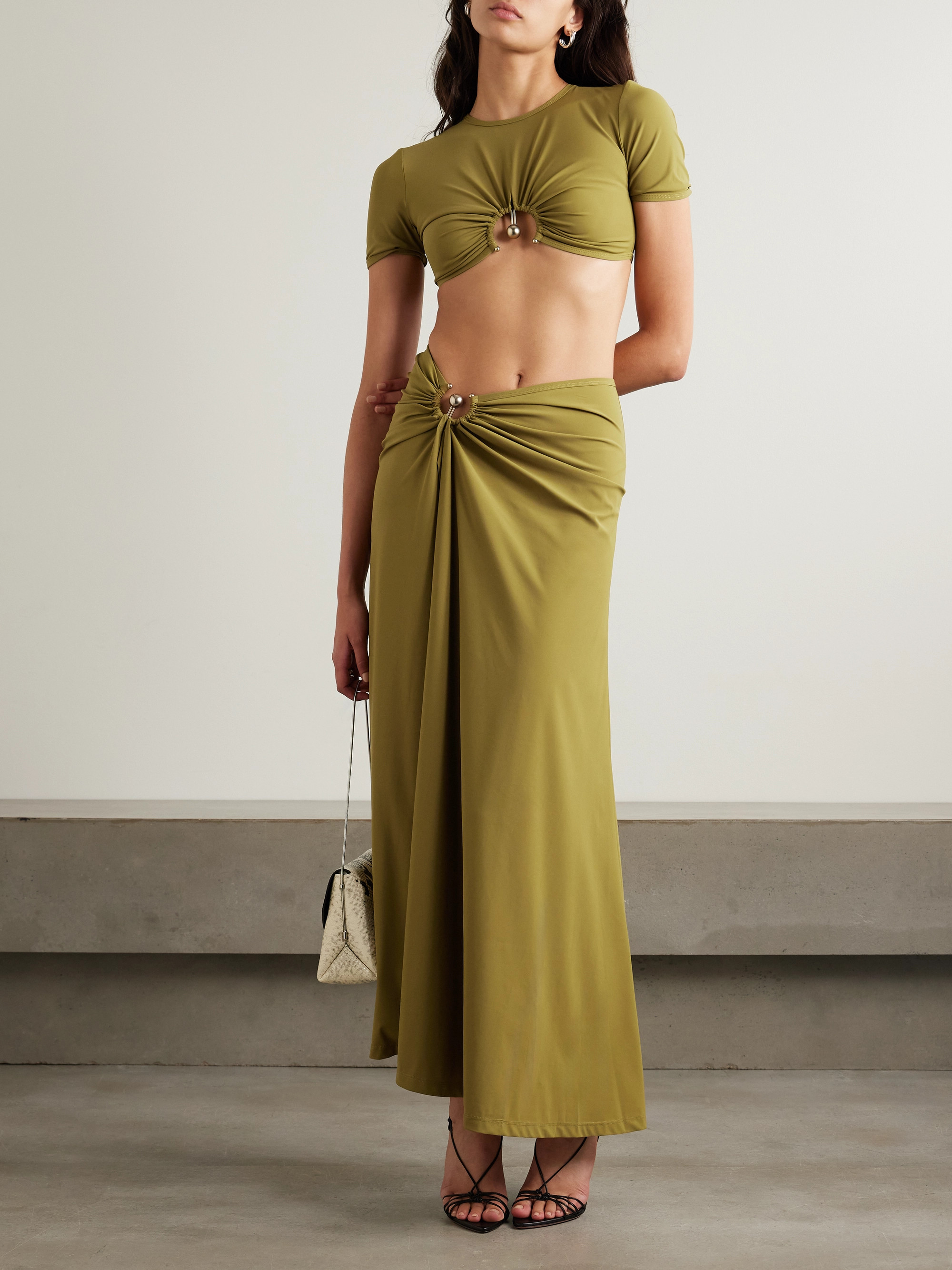 Christopher Esber Orbit embellished ruched stretch-jersey maxi skirt