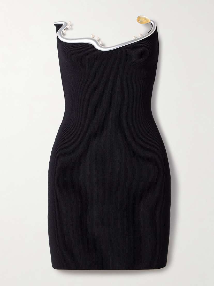 Christopher Esber Mollusk Strapless Embellished Ribbed-knit Mini Dress
