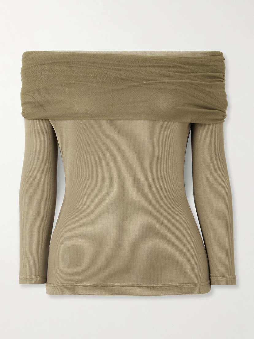 Christopher Esber Veiled Draped Off-the-shoulder Ribbed Jersey And Silk-tulle Top