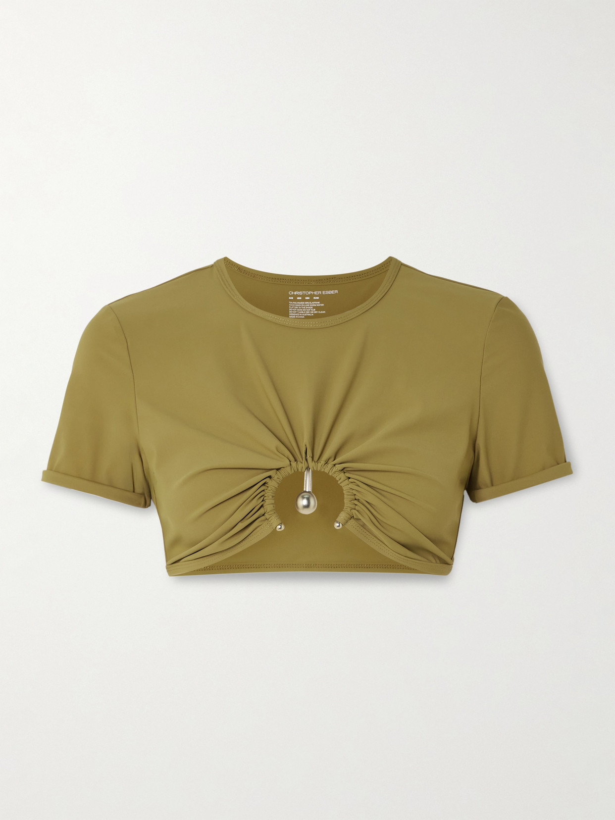 Christopher Esber Orbit Cropped Embellished Ruched Stretch-jersey T-shirt In Green