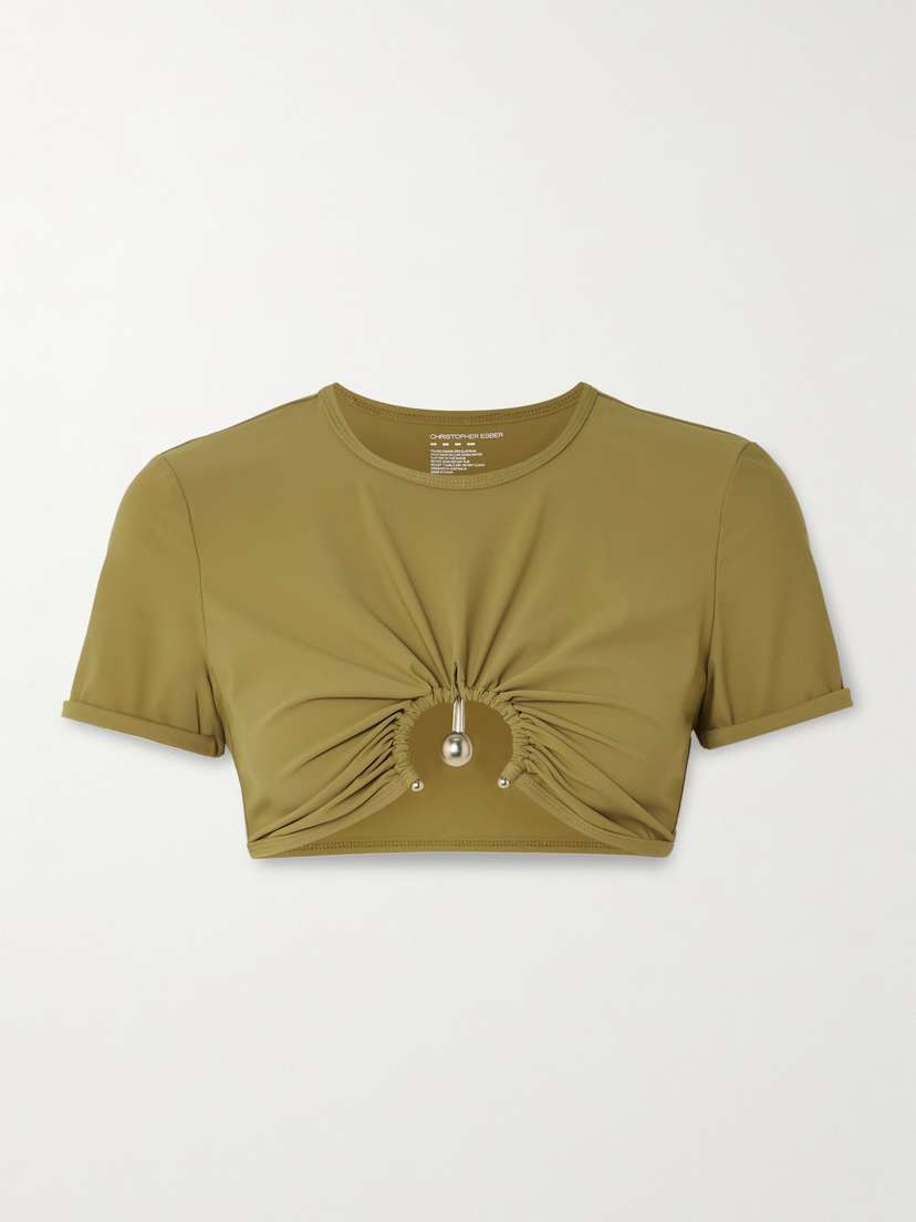 Christopher Esber Orbit Cropped Embellished Ruched Stretch-jersey T-shirt