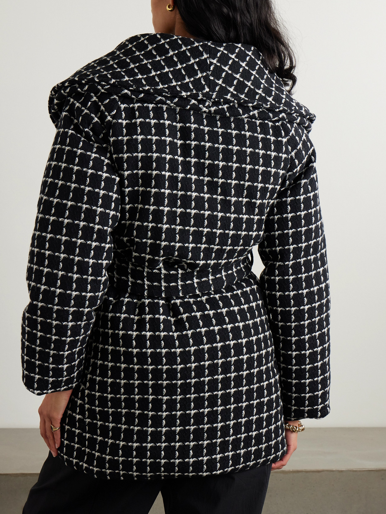 Varley Milla Belted Padded Checked Wool-blend Jacket In Black