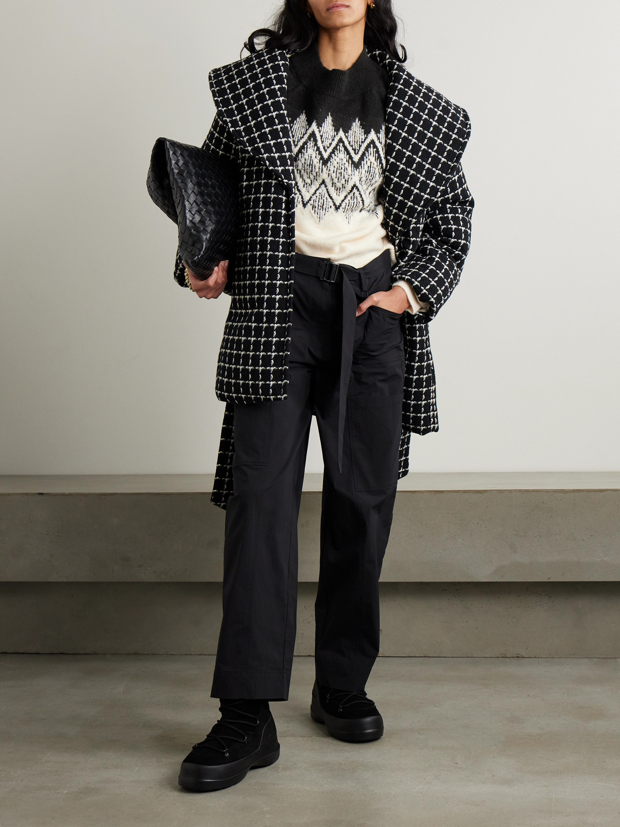 Varley Milla Belted Padded Checked Wool-blend Jacket In Black