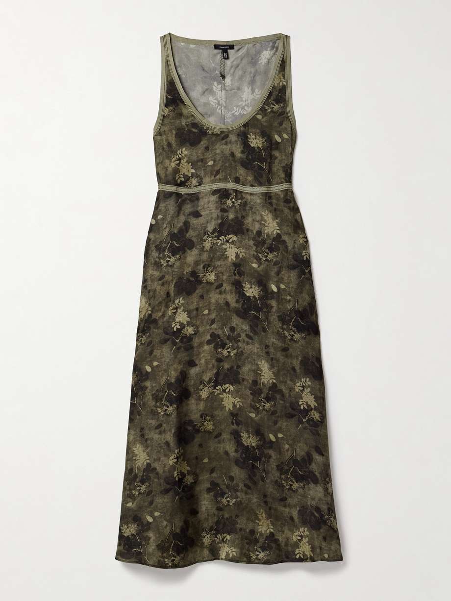 grosgrain-trimmed printed silk midi dress