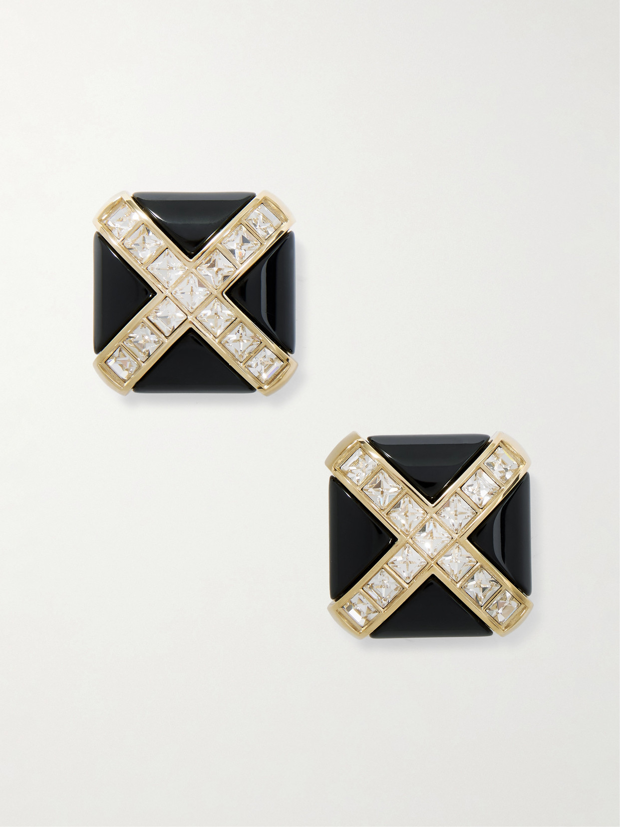 SAINT LAURENT - Gold-tone, Enamel And Crystal Clip Earrings - Black