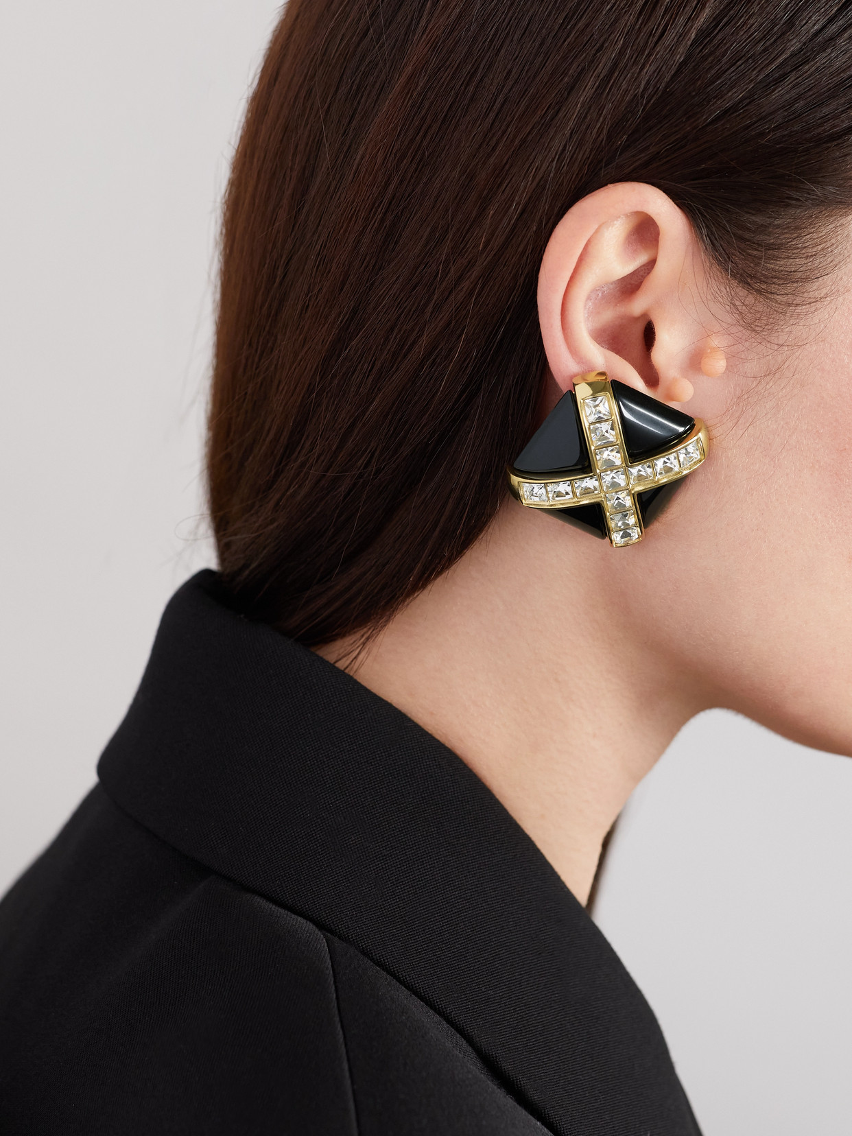 Saint Laurent Gold-tone, Enamel And Crystal Clip Earrings In Black