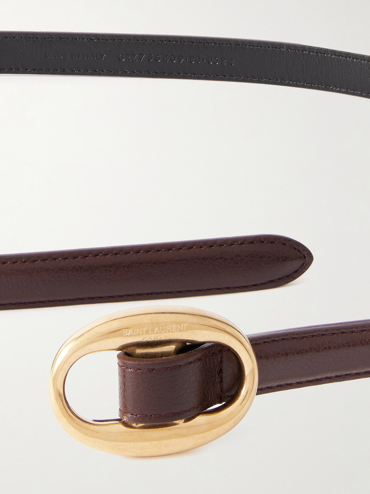 Saint Laurent Double Oval Skinny Leather Belt In Brown