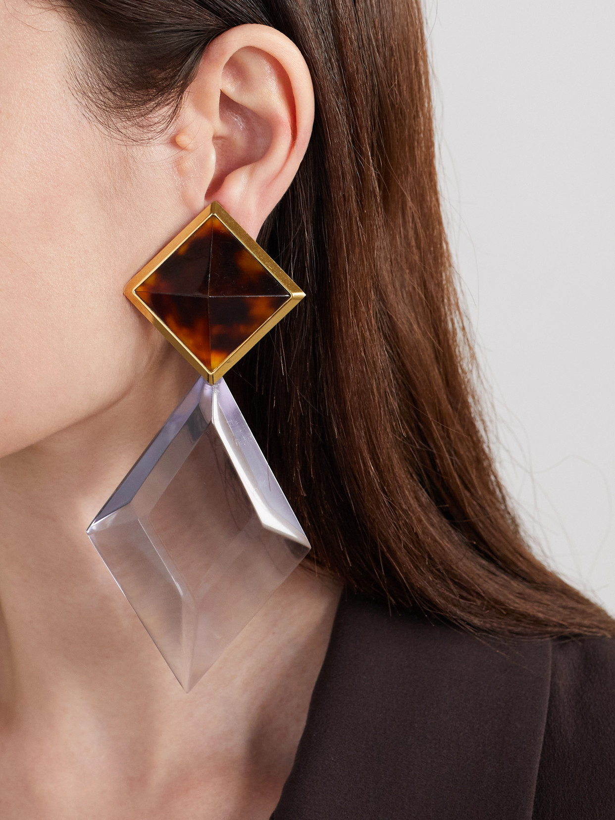 Saint Laurent Cabochon And Pyramid Gold-tone Resin Clip Earrings In Brown