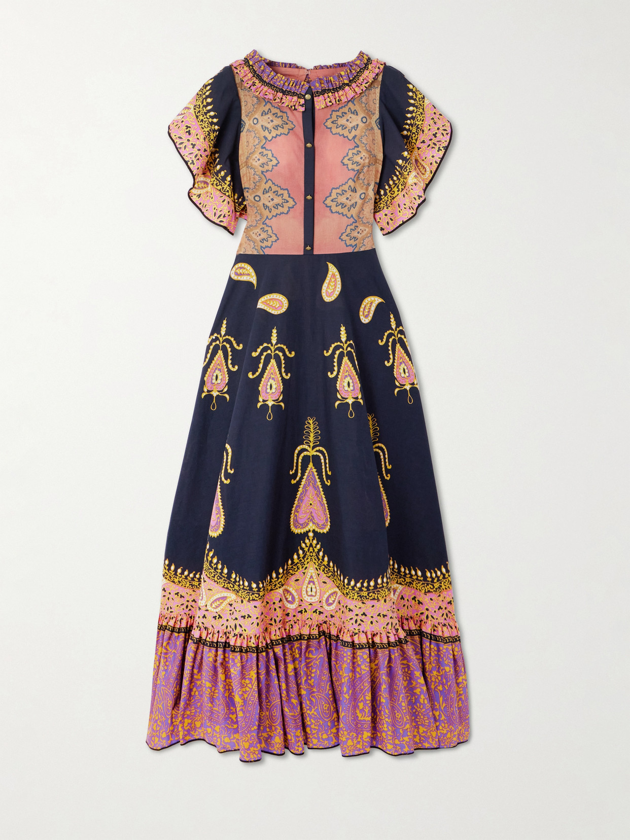 Valentino Ruched Tiered Paisley-print Cotton-muslin Midi Dress In Blue