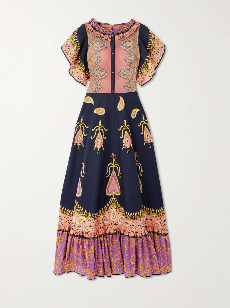 ruched tiered paisley-print cotton-muslin midi dress