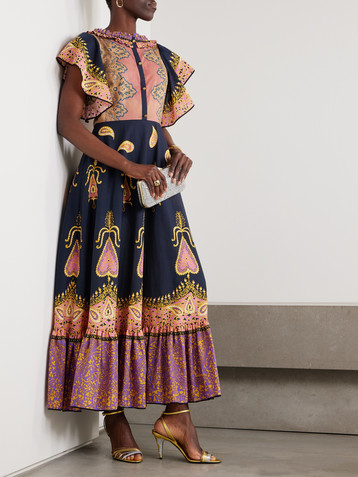 Valentino Ruched tiered paisley-print cotton-muslin midi dress