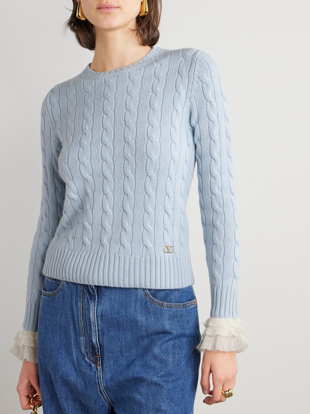 Valentino Ruffle-trimmed Embellished Cable-knit Cashmere Sweater In Multi