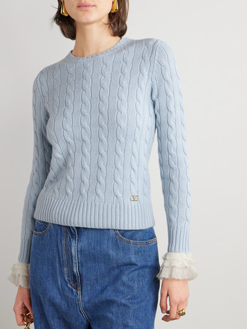 Valentino Garavani Ruffle-trimmed embellished cable-knit cashmere sweater