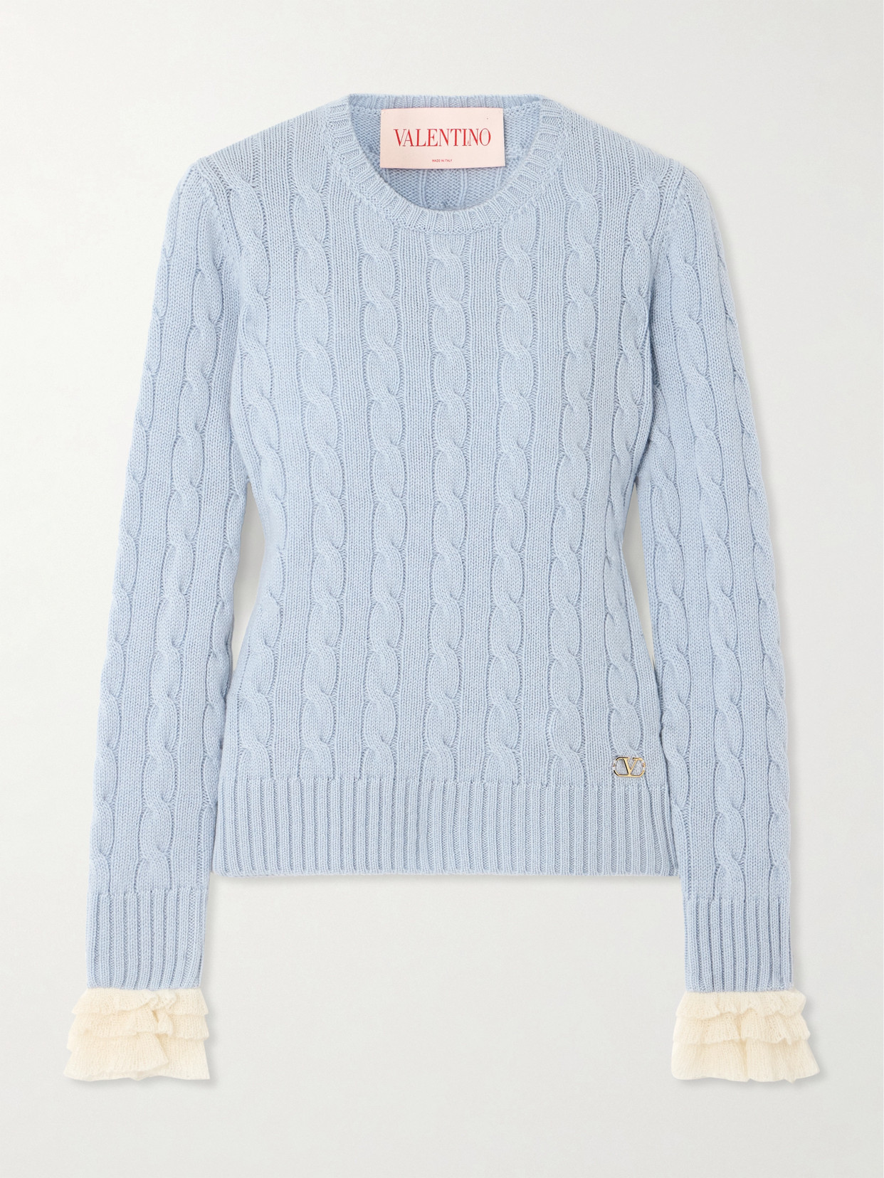 Valentino Ruffle-trimmed Embellished Cable-knit Cashmere Sweater In Multi