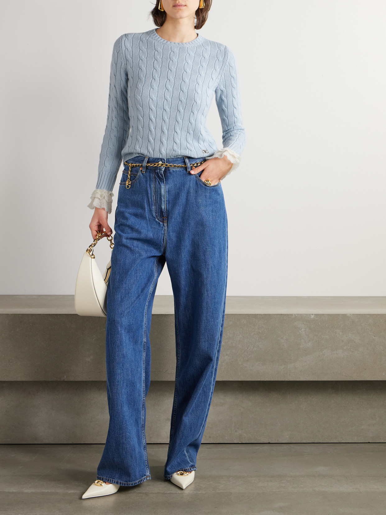 Valentino Ruffle-trimmed Embellished Cable-knit Cashmere Sweater In Multi