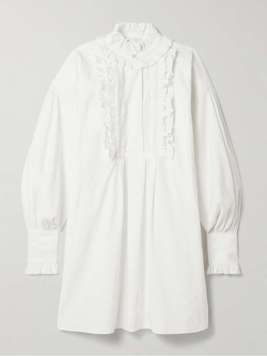 lace-trimmed ruffled cotton, linen and silk-blend mini shirt dress