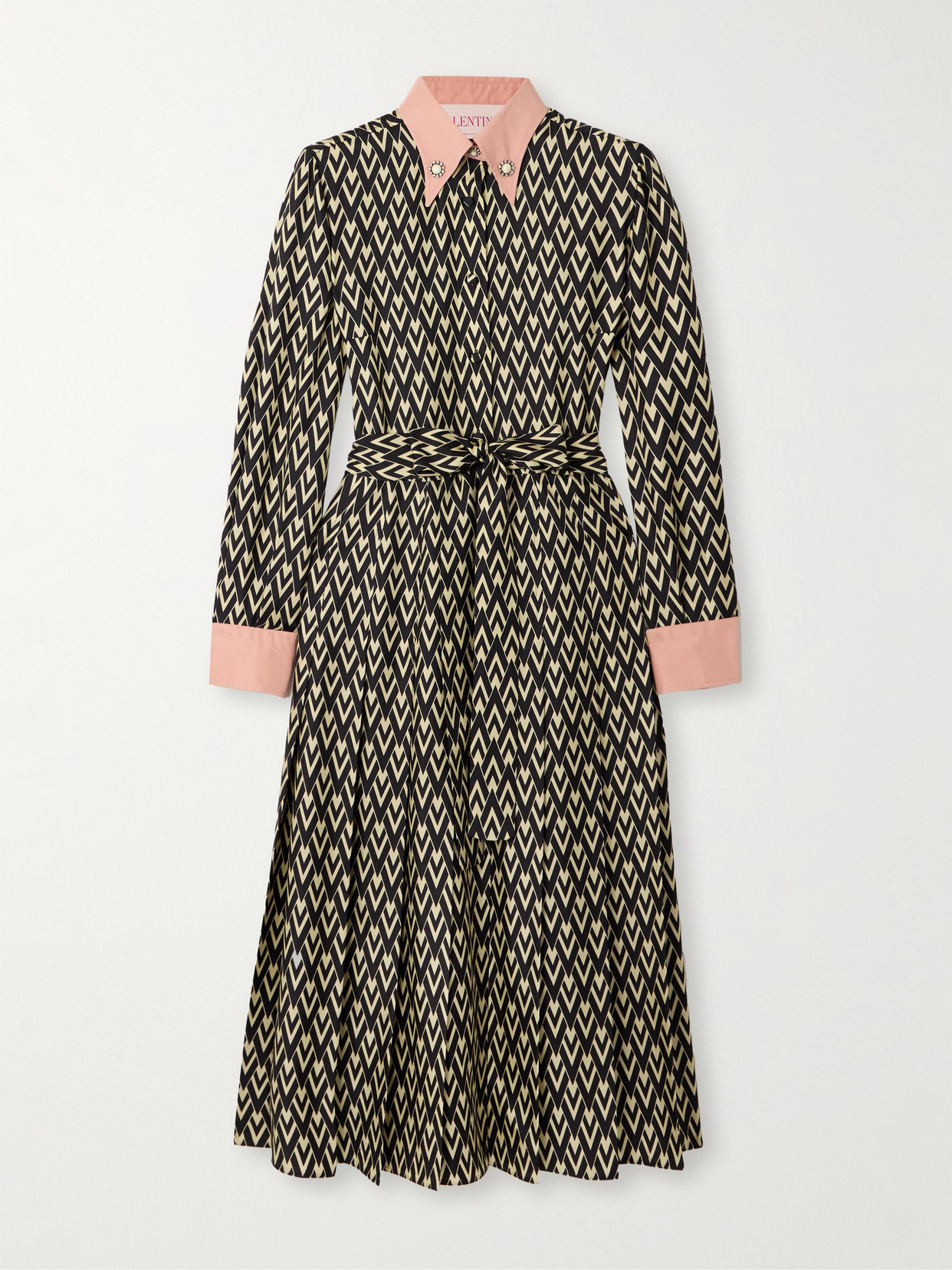 Valentino Garavani - Embellished Belted Printed Silk-twill Midi Shirt Dress - Black