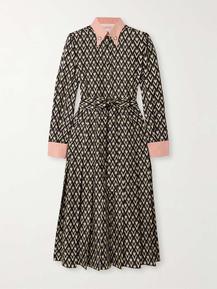 Valentino Garavani Embellished Belted Printed Silk-twill Midi Shirt Dress