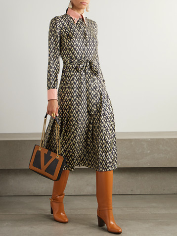 Valentino Garavani Embellished belted printed silk-twill midi shirt dress
