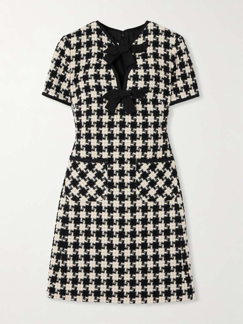 Valentino Garavani Bow-embellished Crepe-trimmed Checked Tweed Mini Dress