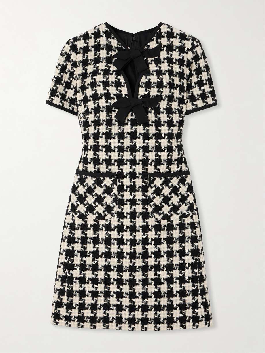 bow-embellished crepe-trimmed checked tweed mini dress